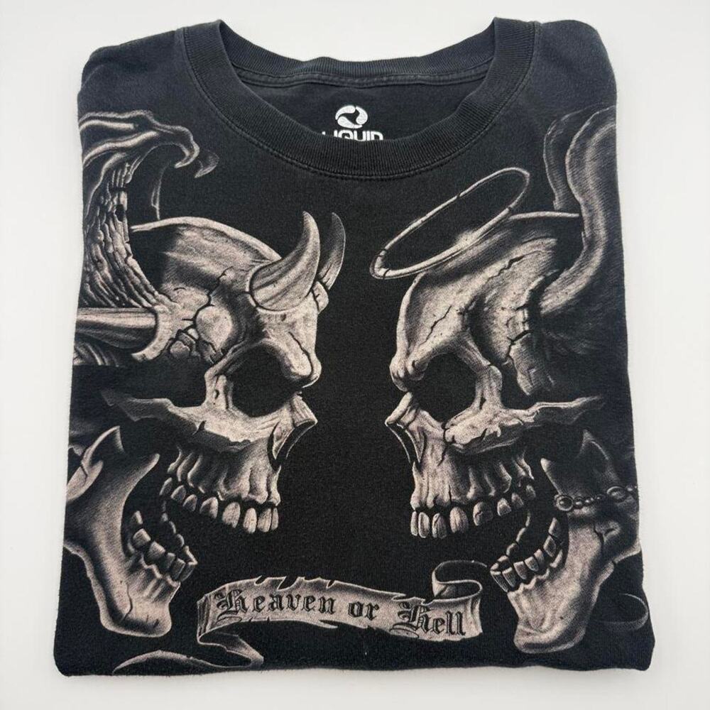 Y2K Liquid Blue Print 2007 Heaven Or Hell On Anvil Shirt Men Sz XL Skulls - Picture 1 of 5